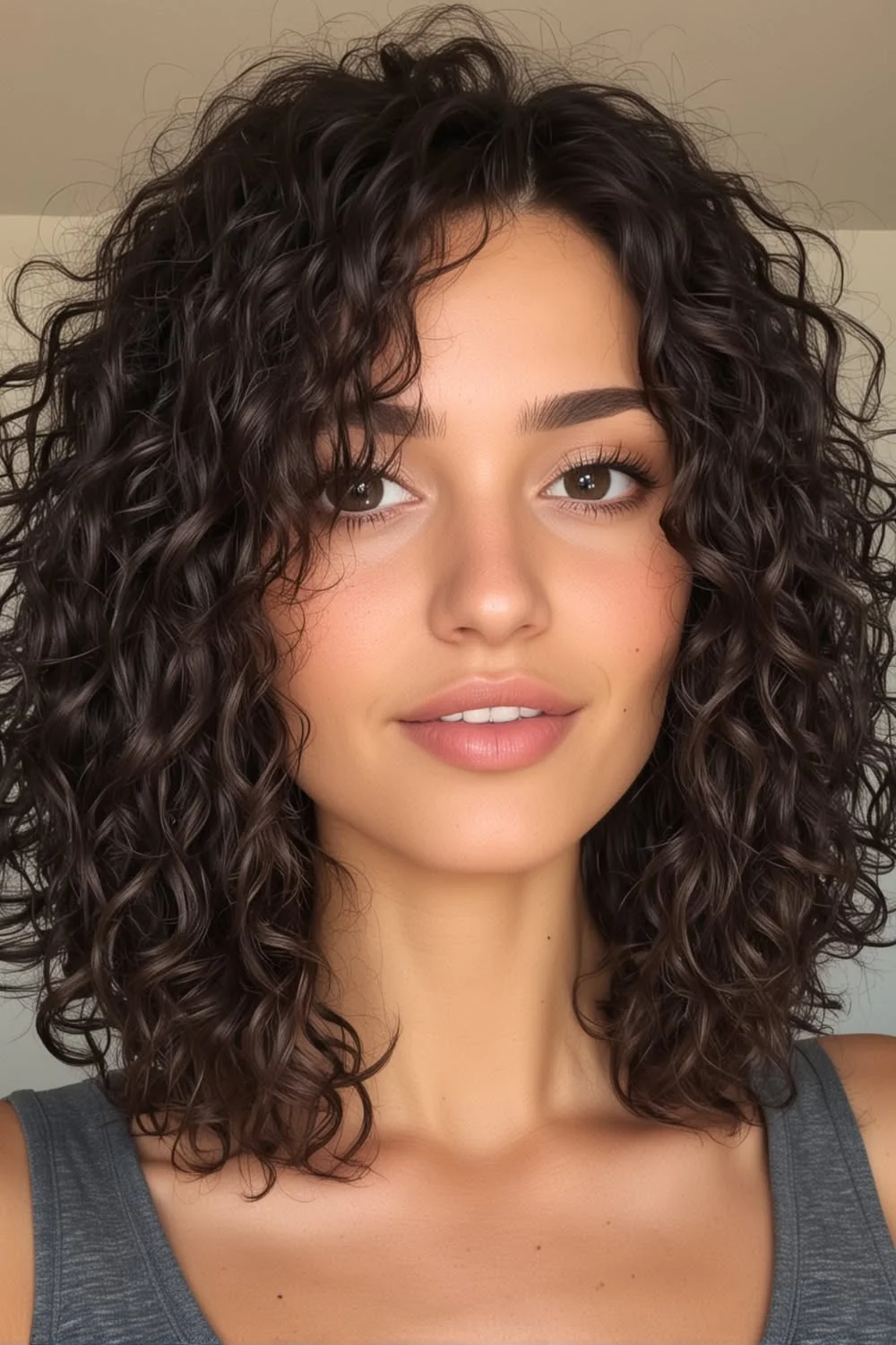 Чіткі кучері curly girl Чіткі пружні темно-каштанові кучері середньої довжини, вид спереду