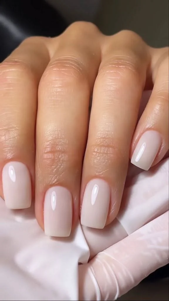нюдовий манікюр на короткі нігті 2026 &ndash; молочний кремовий відтінок на квадратній формі