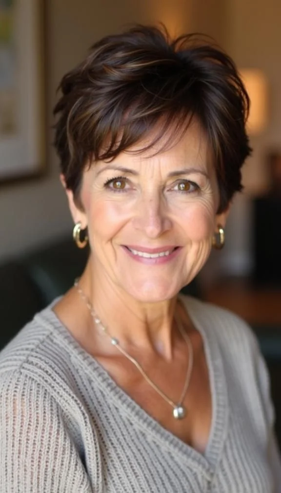 Короткая текстурированная стрижка «пикси» Короткая текстурированная стрижка «пикси» тёмного оттенка для женщин старше 50 лет
